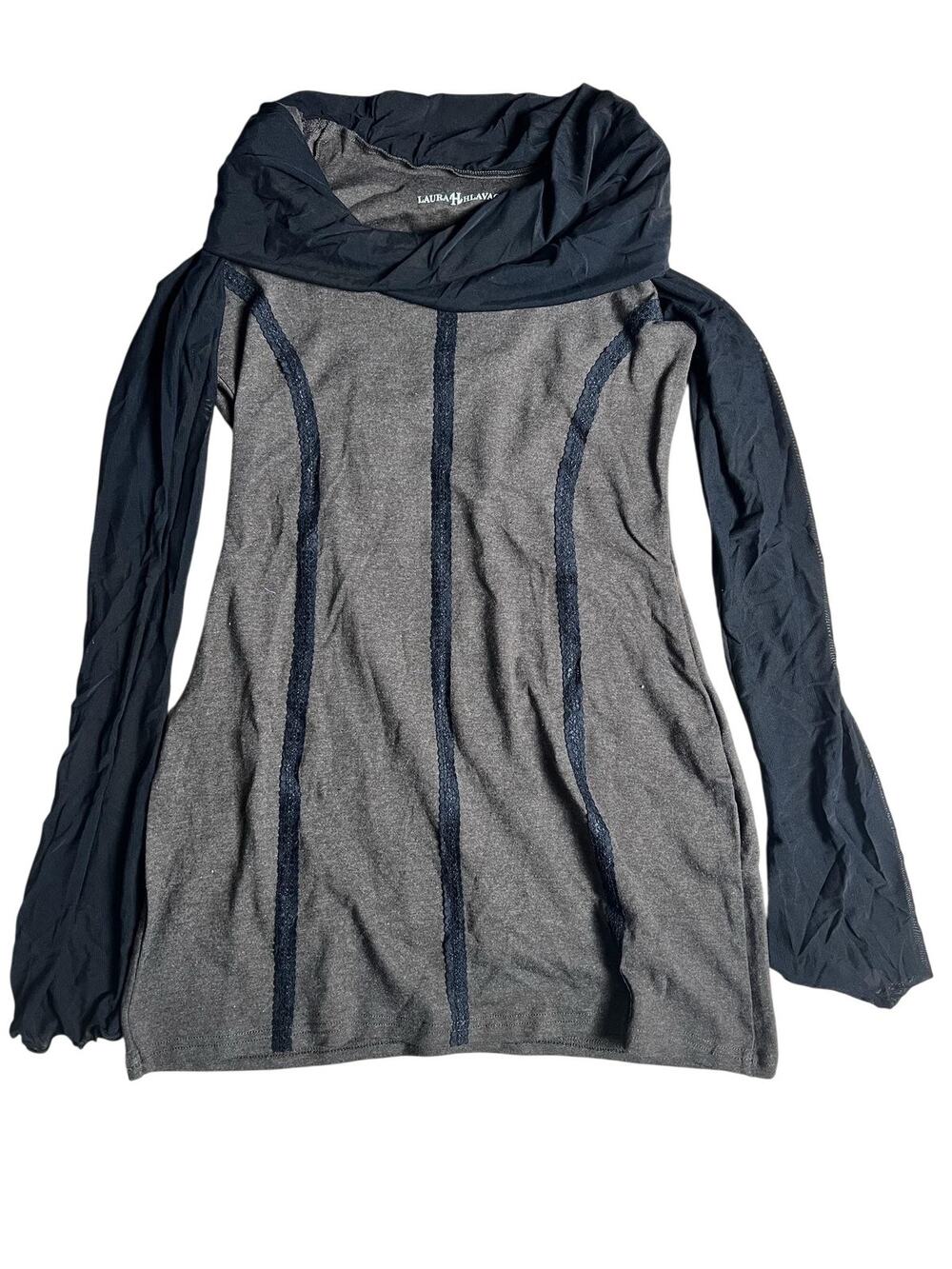 Laura Hlavac Top Womens M Gray Black Colorblock Cowl Neck Tunic Long Sleeve